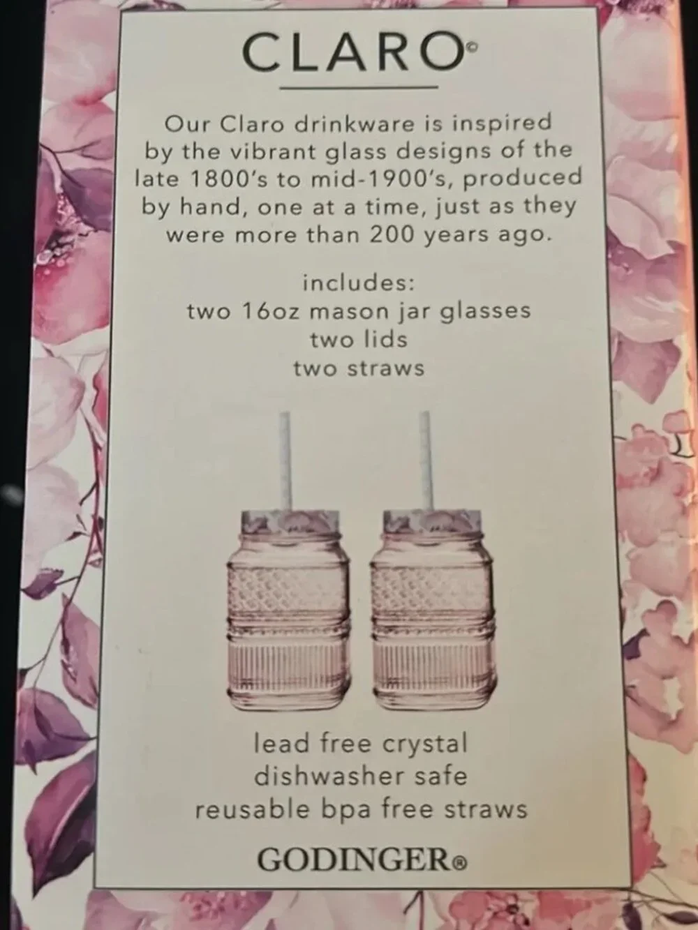 NWT Gorgeous Claro 16 oz Pink Mason‎ Jars w/ Floral Lid and Polka Dot Straw